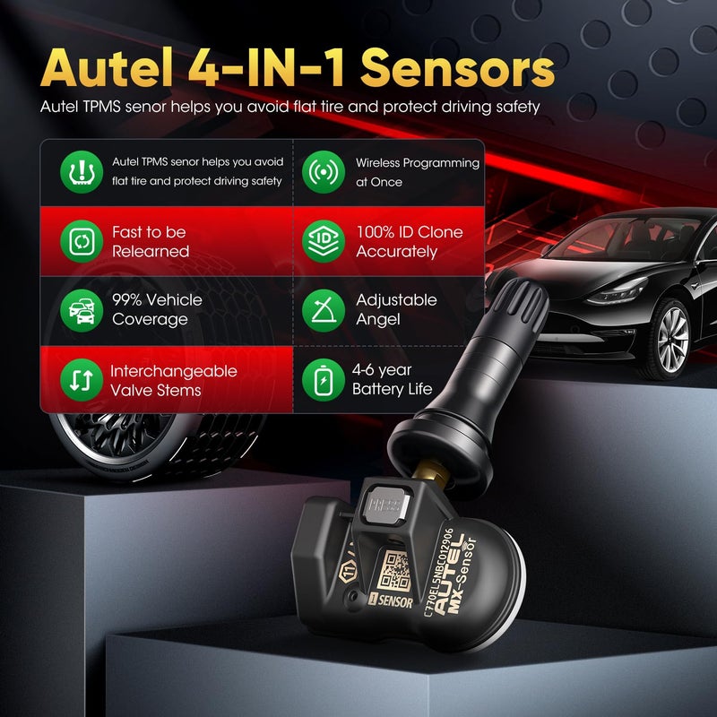 Autel TPMS Sensor Set of 4, MX-Sensor 2in 1 315MHz + 433MHz Press-in TPMS Universal Programmable Sensor, OE-Level 100% Cloneable by Autel TPMS Tool TS408S TS501 PRO TS508 TS508WF (4PCS Rubber Stem) - Image 2